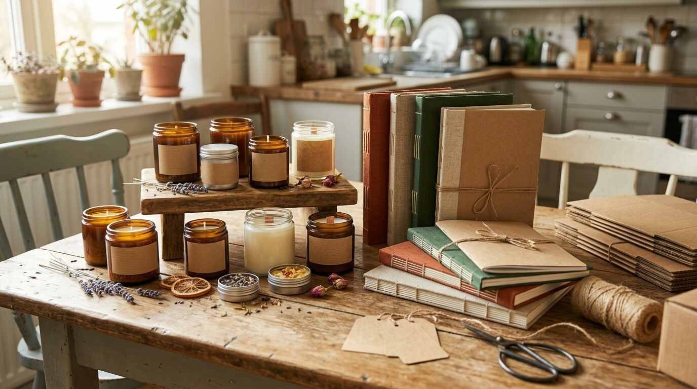 Handmade candles and notebooks on a kitchen table