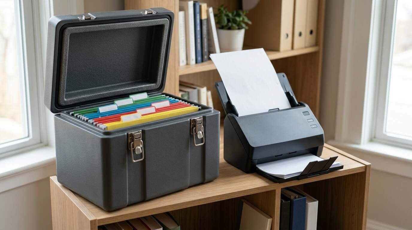 A fireproof document box and desktop scanner on a shelf