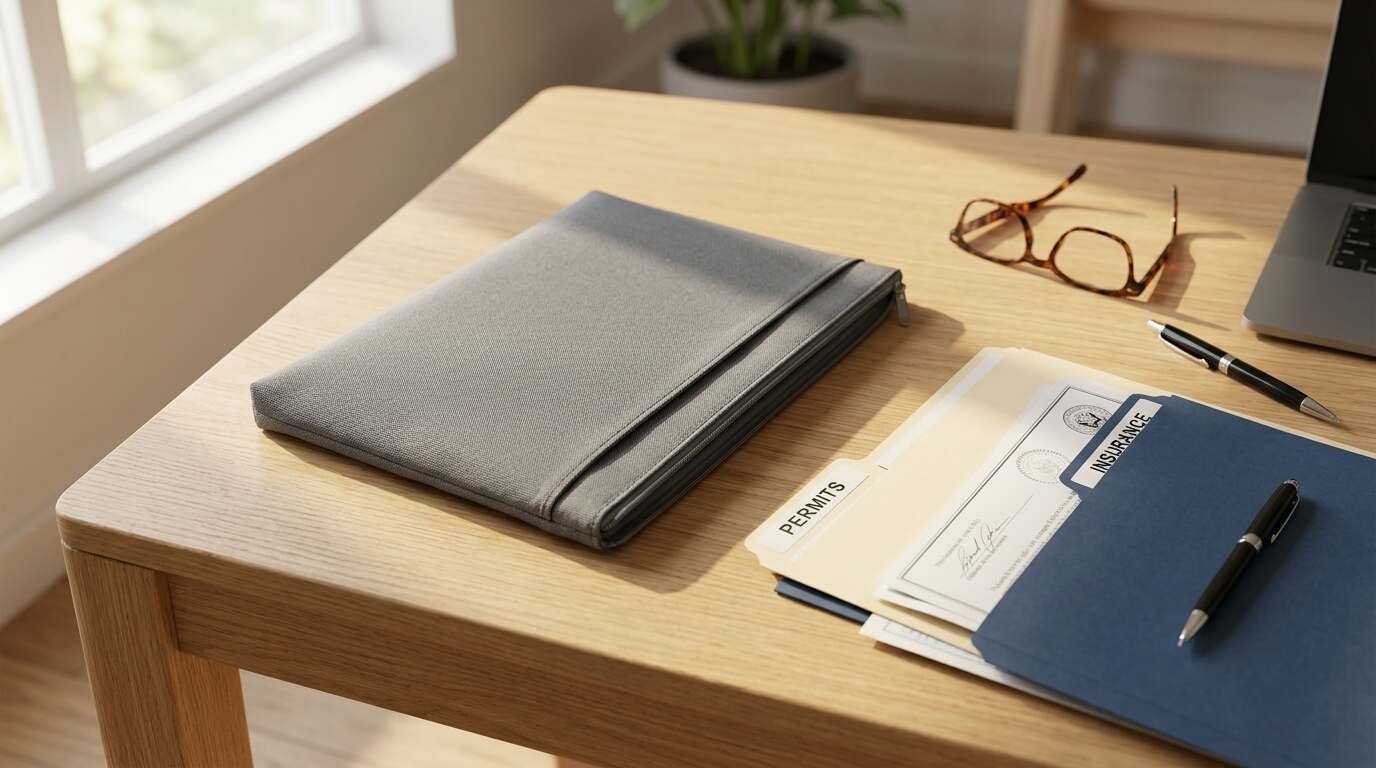 Document pouch with permit and insurance folders on a desk