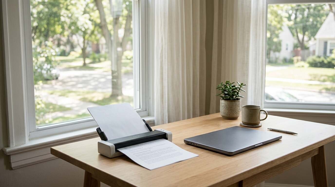 Portable document scanner on a tidy home office desk