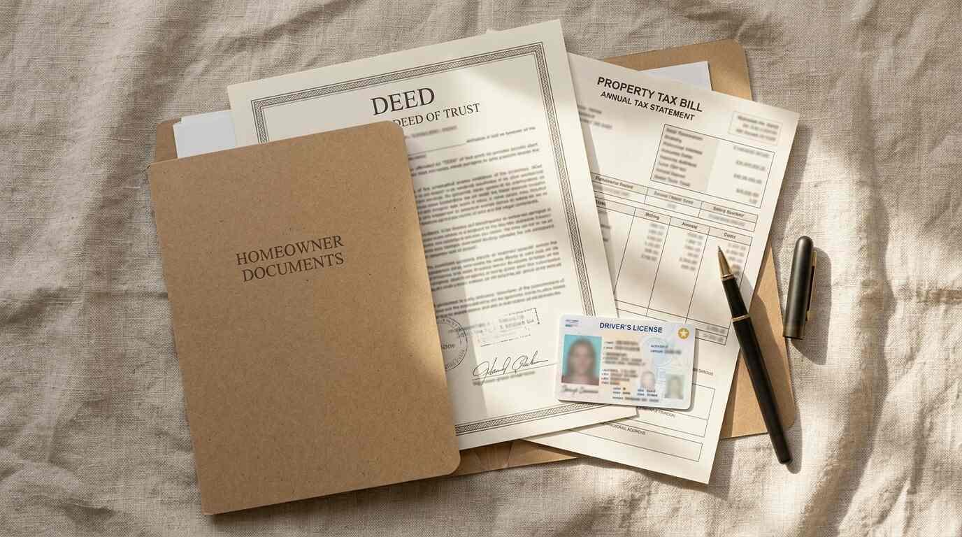Overhead flat lay of a homeowner document folder with a deed, tax bill and pen on linen