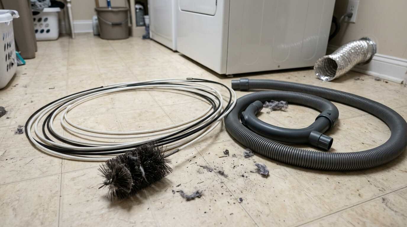 Dryer vent brush kit beside a vacuum hose