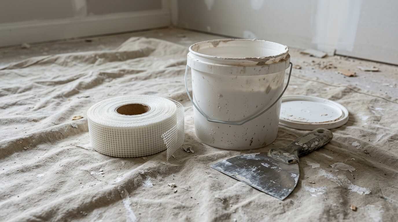 Mesh tape and joint compound with a taping knife on a drop cloth