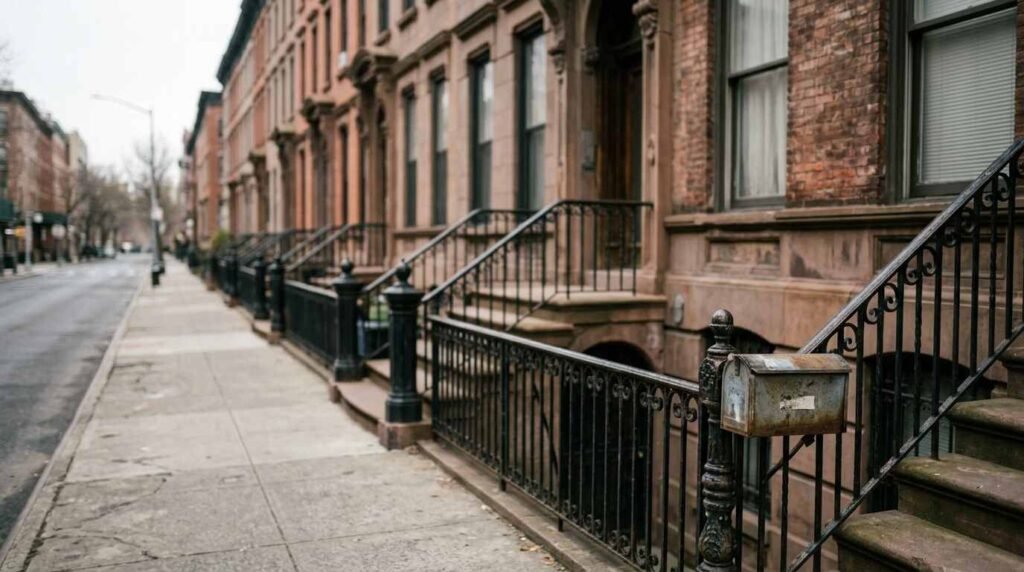 Brownstone-lined New York street in the early morning