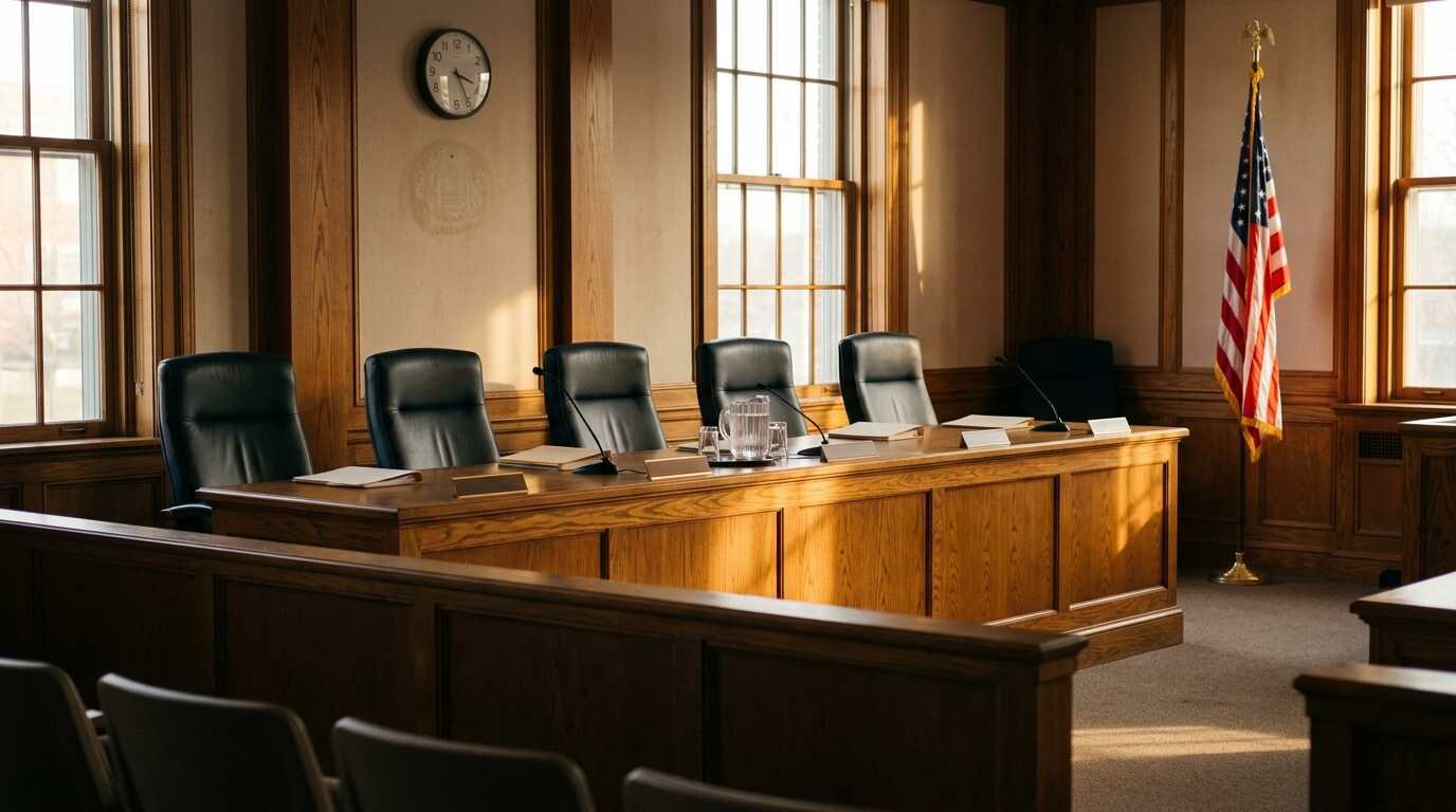 Quiet municipal hearing room with an oak table