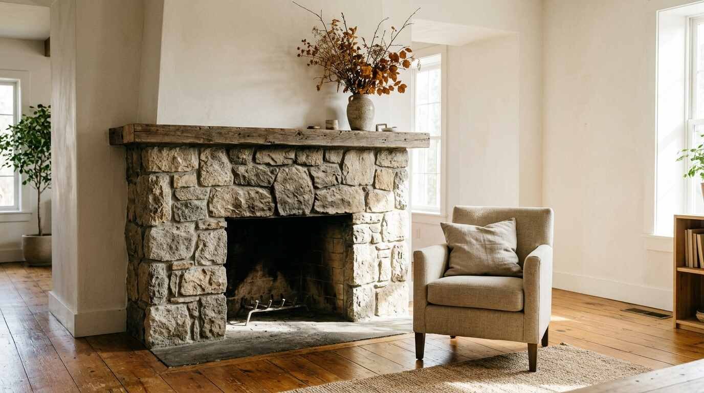 Empty sunlit living room with a stone fireplace and a vase of dried branches on the mantel