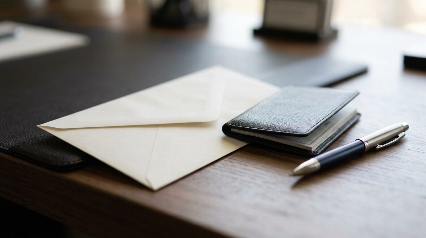 Sealed envelope and checkbook on a desk with a pen