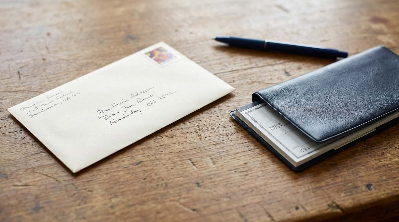 Stamped envelope and checkbook on a wooden desk