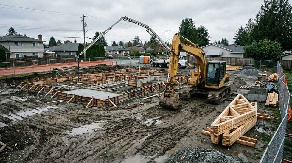An excavator and a concrete foundation pour at a residential building site with stacked trusses