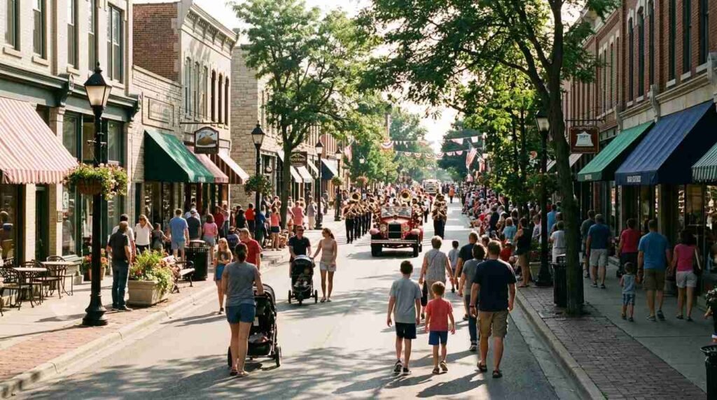 Families walking down a traffic-free village main street