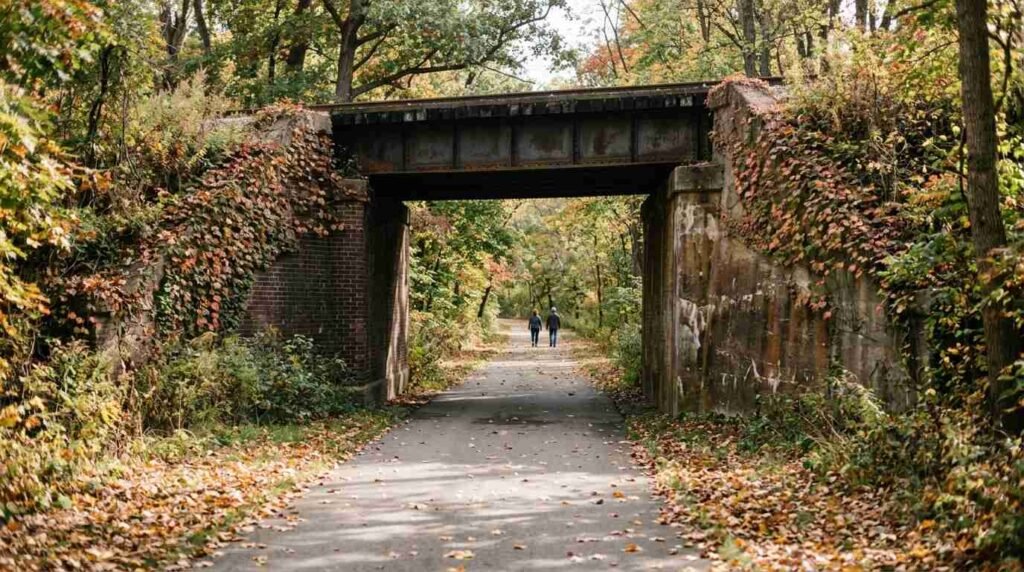 Walkers beneath a railroad overpass