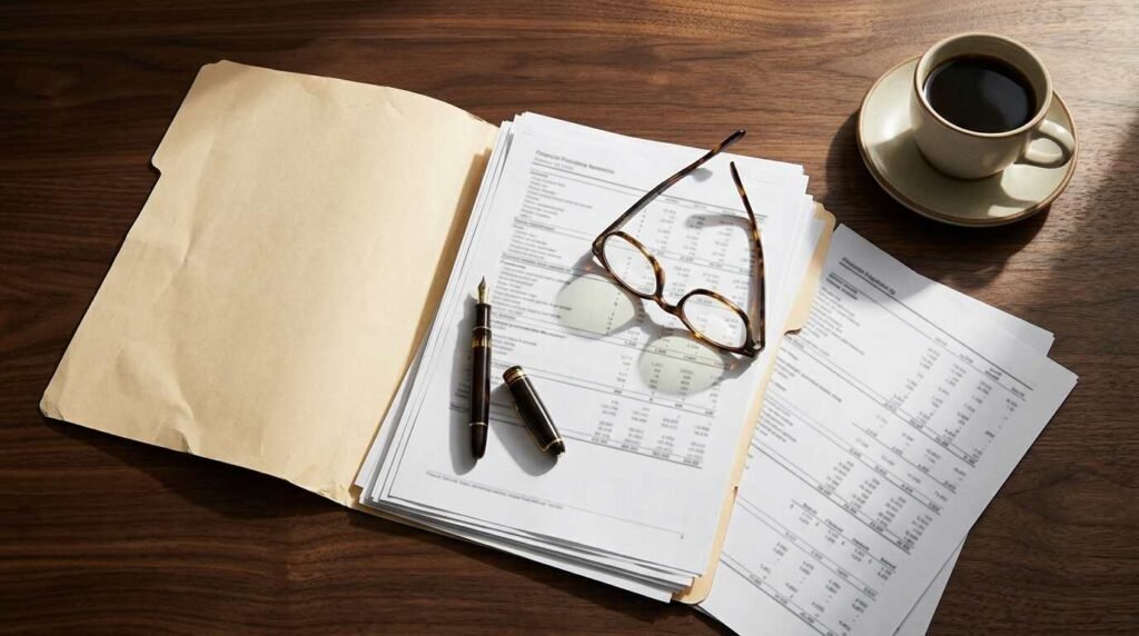 Financial paperwork, fountain pen and reading glasses on a walnut desk