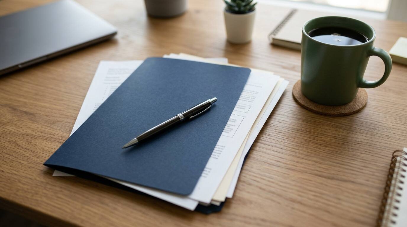 Folder of papers with a pen and coffee mug on a desk