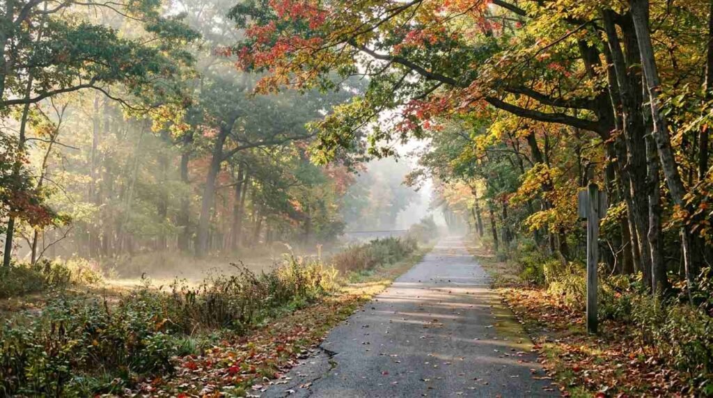 Greenway trail in autumn woodland