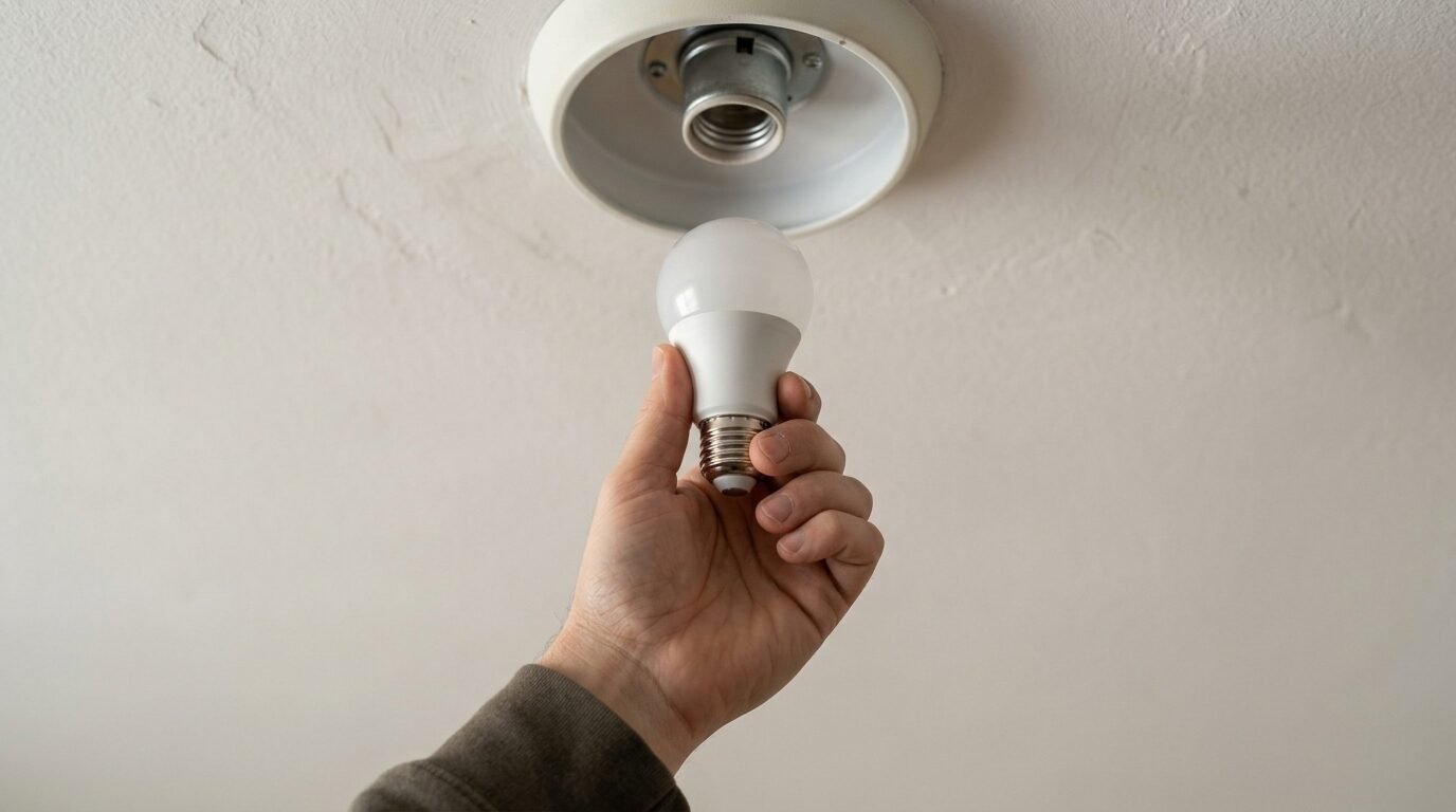 Hand holding an LED bulb toward a ceiling fixture