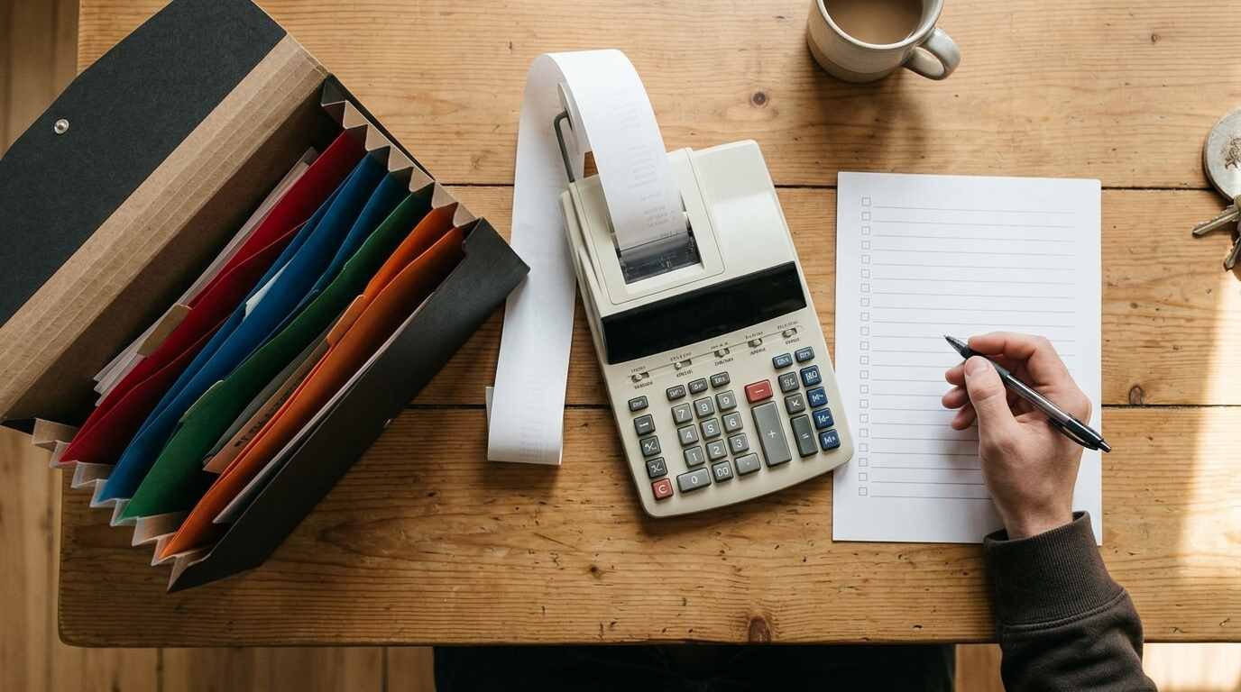 Printing calculator, expanding file and checklist on a kitchen table