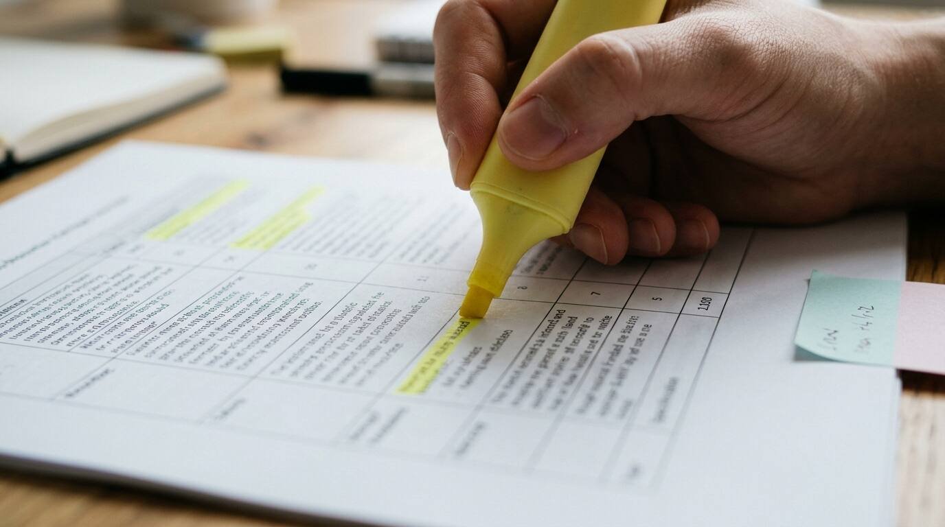 A highlighter marking a printed document table