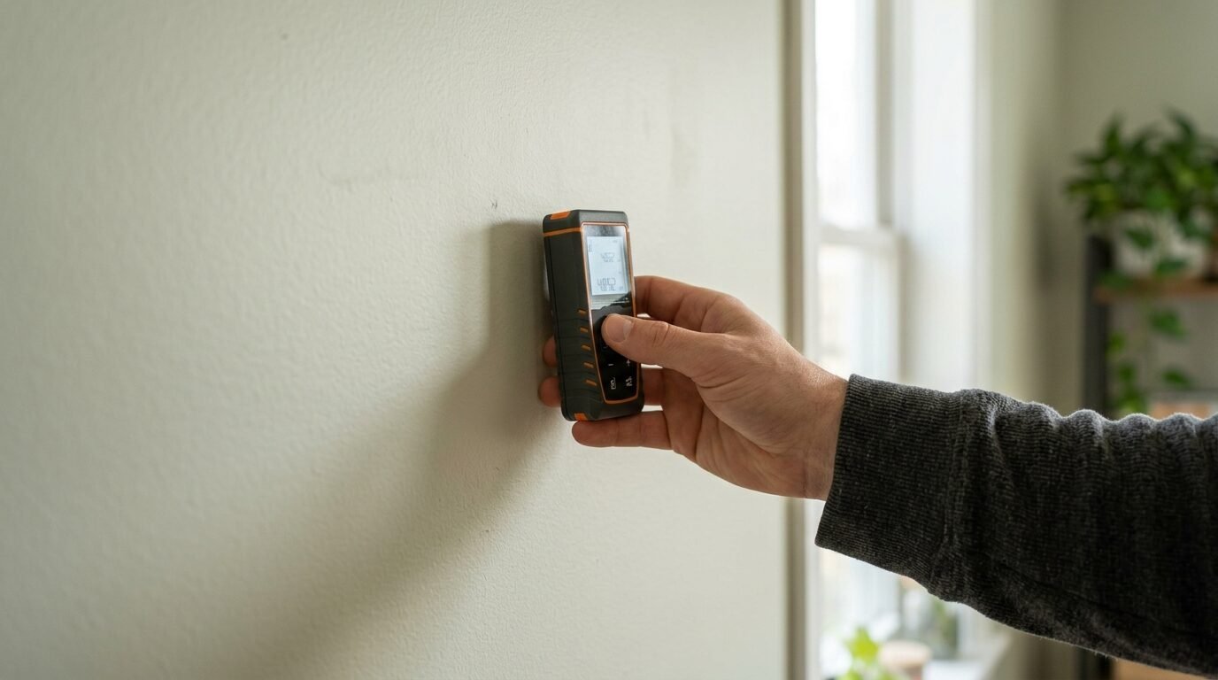 Hand holding a laser distance measure against a living room wall