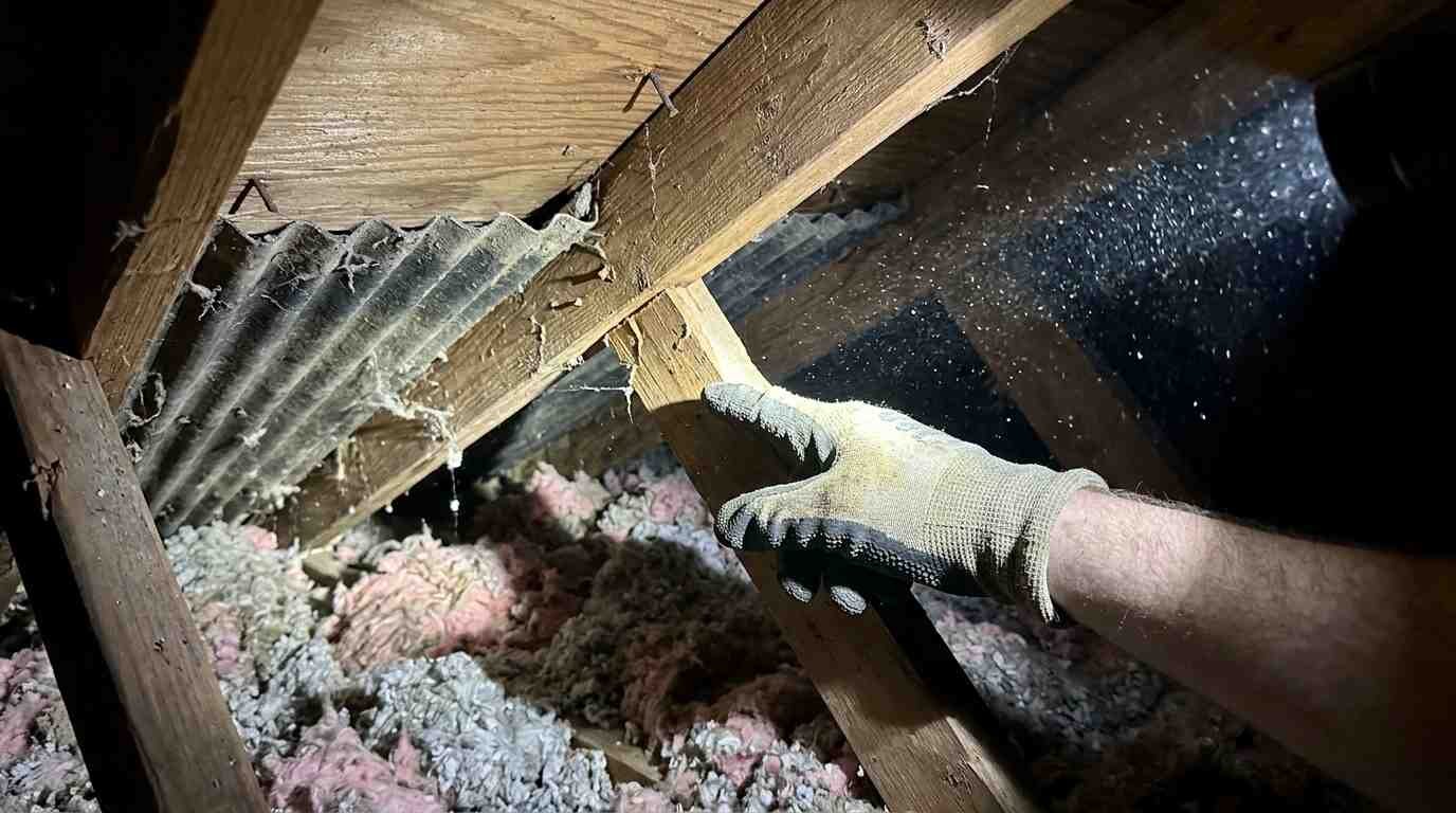 Flashlight beam on attic rafters and insulation