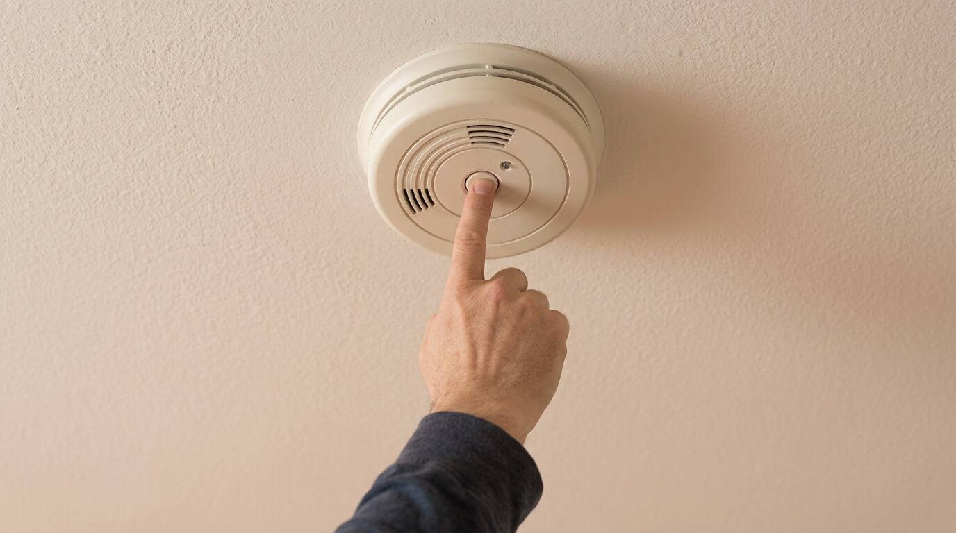 Hand pressing the test button on a ceiling smoke alarm