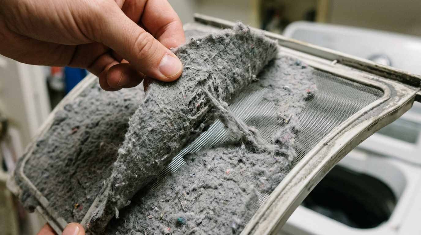 Hand pulling lint from a dryer lint screen