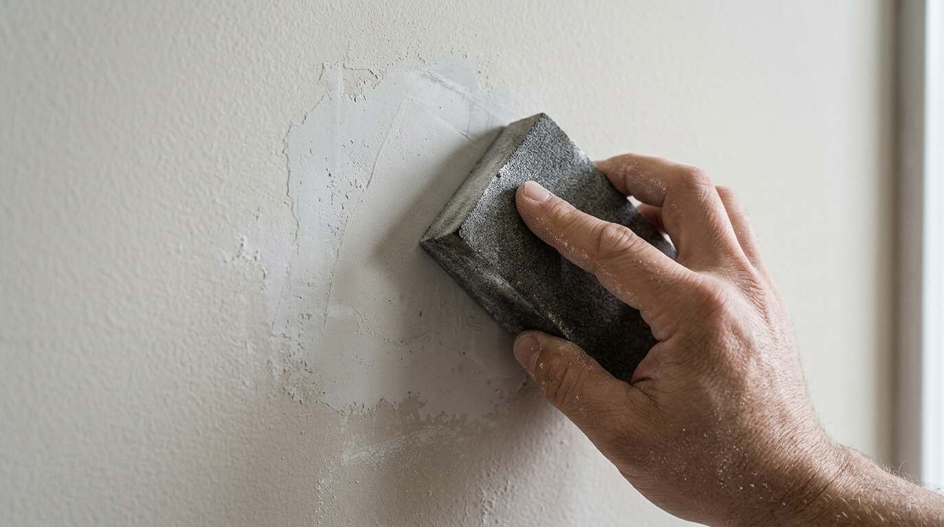 Hand sanding a patched spot on a painted wall