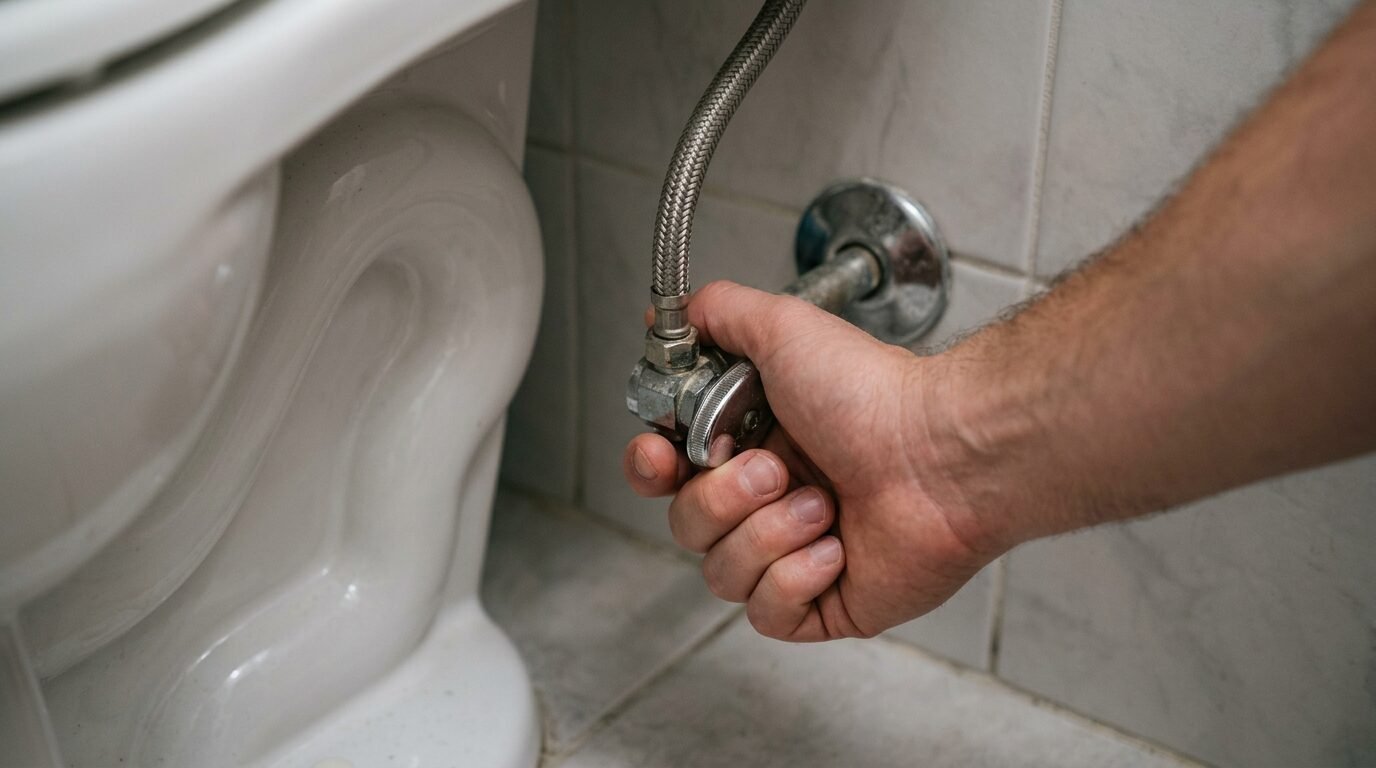 Hand turning the shutoff valve behind a toilet