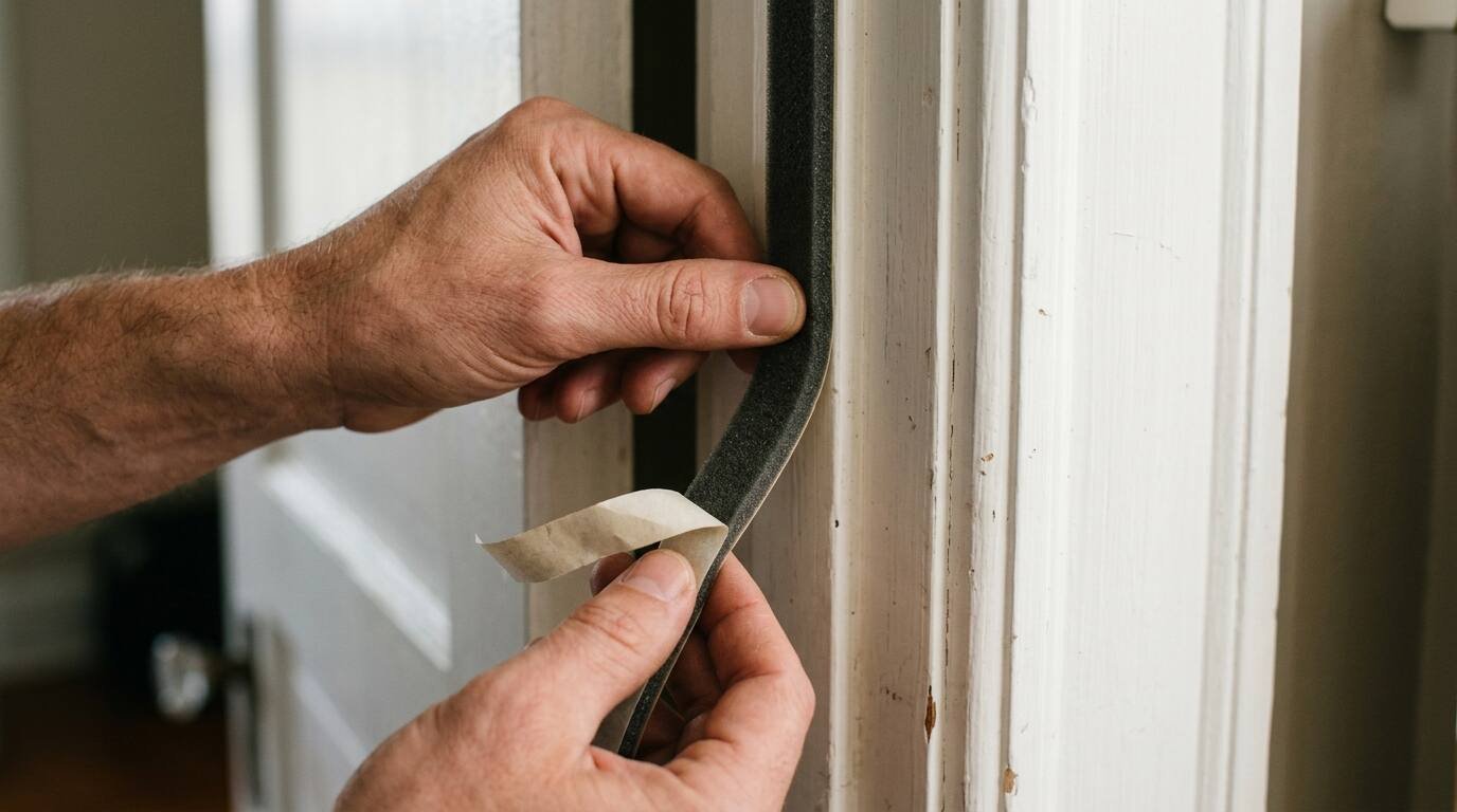 Foam weatherstripping tape pressed along a door frame