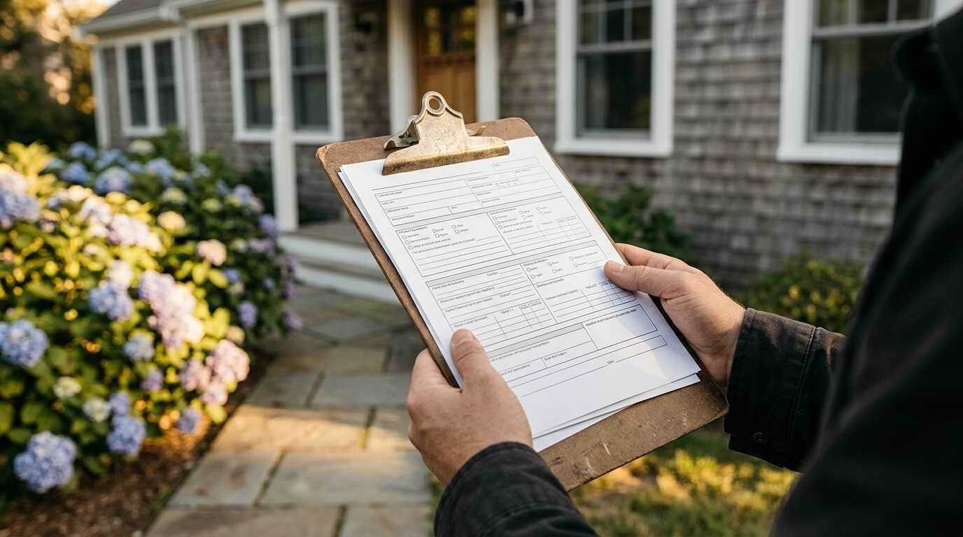 Hands holding a clipboard with a blank form on a Cape Cod style porch