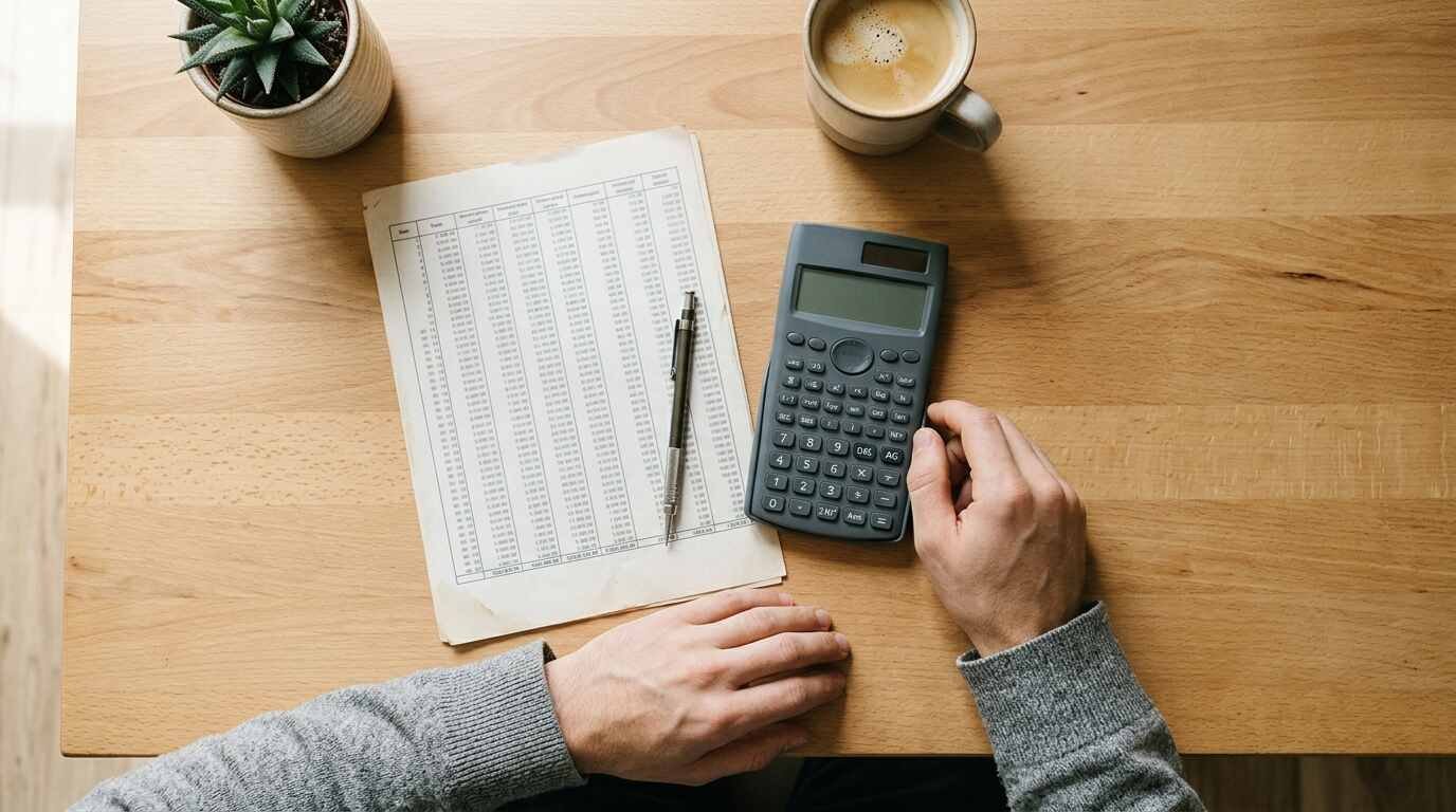 A calculator, pencil and numbers grid on a kitchen table