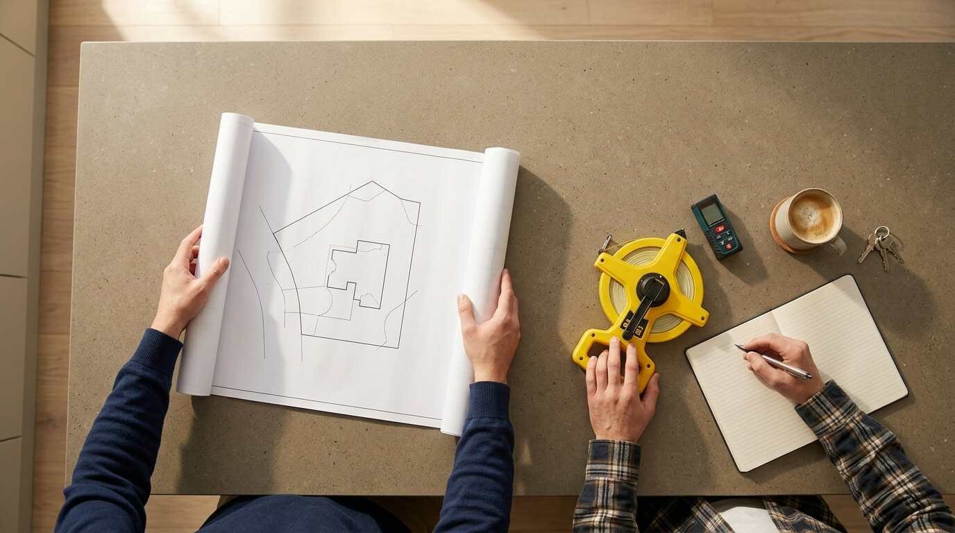 Hands reviewing a rolled-out property survey with a tape measure