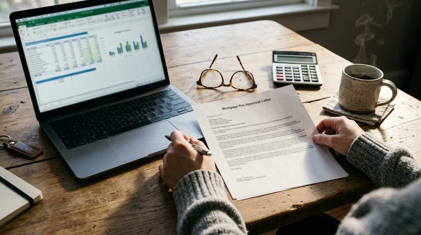 Kitchen table with a laptop, mortgage preapproval letter and calculator