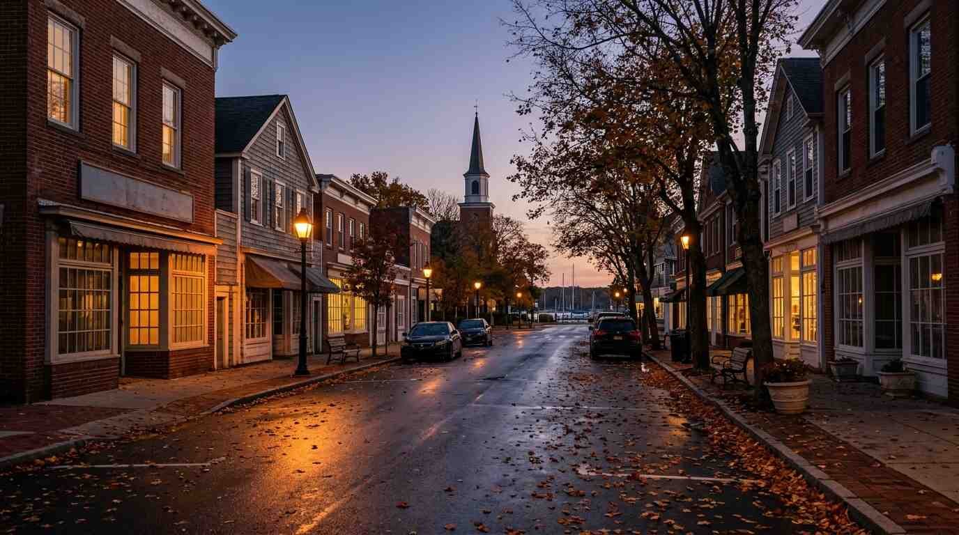 Long Island harbor village main street at dusk in autumn