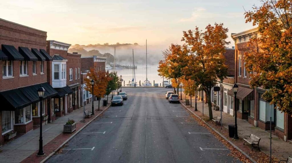 Long Island harbor village main street on an autumn morning