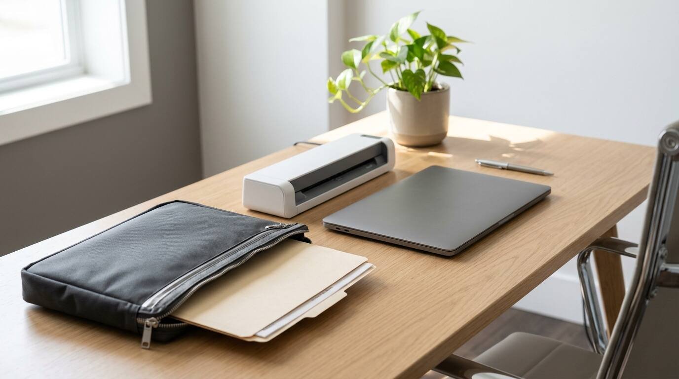 A home office desk with a document pouch and scanner