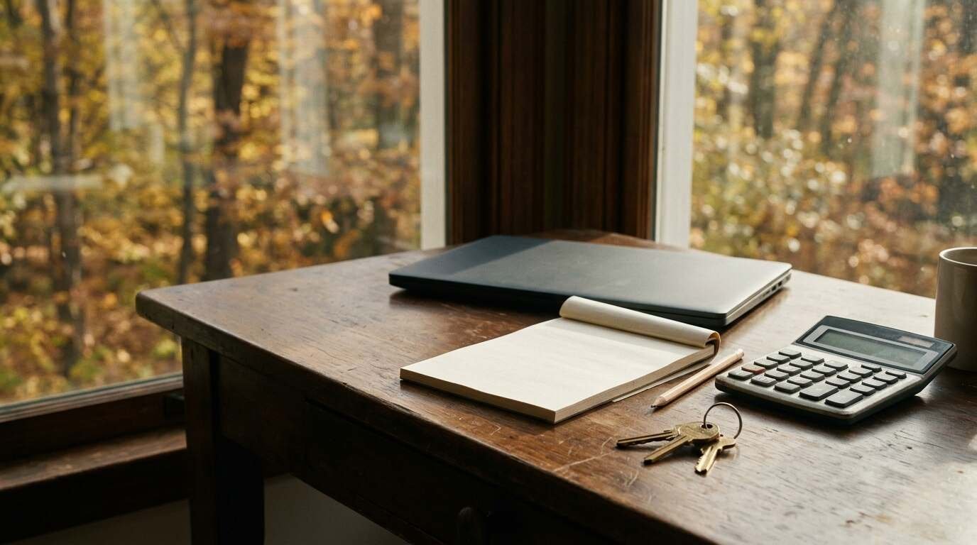 A home office desk with a closed laptop, paper pad, calculator and brass house keys beside a window overlooking autumn trees