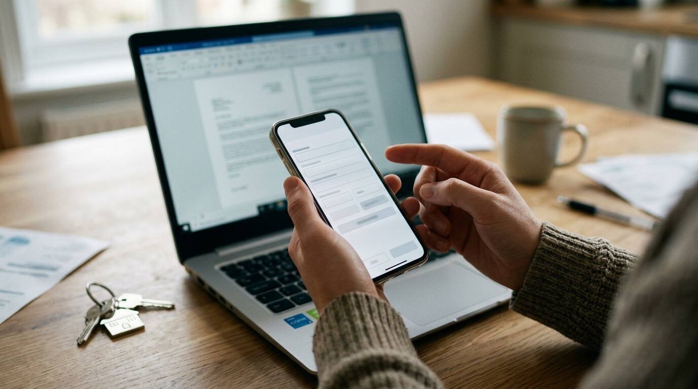 Homebuyer holding a phone over a laptop on a kitchen table