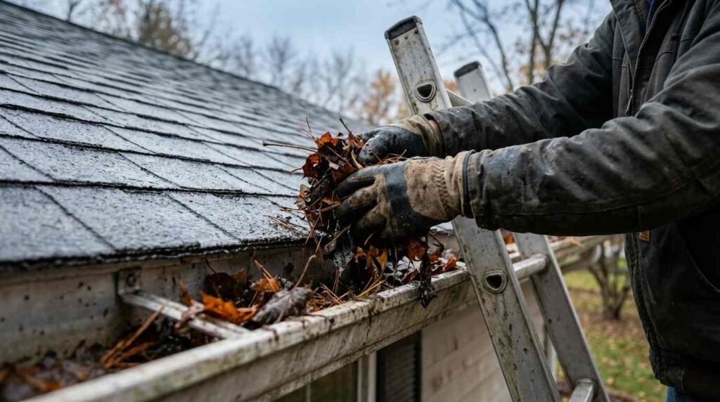 Homeowner clearing fallen leaves and storm debris from a gutter