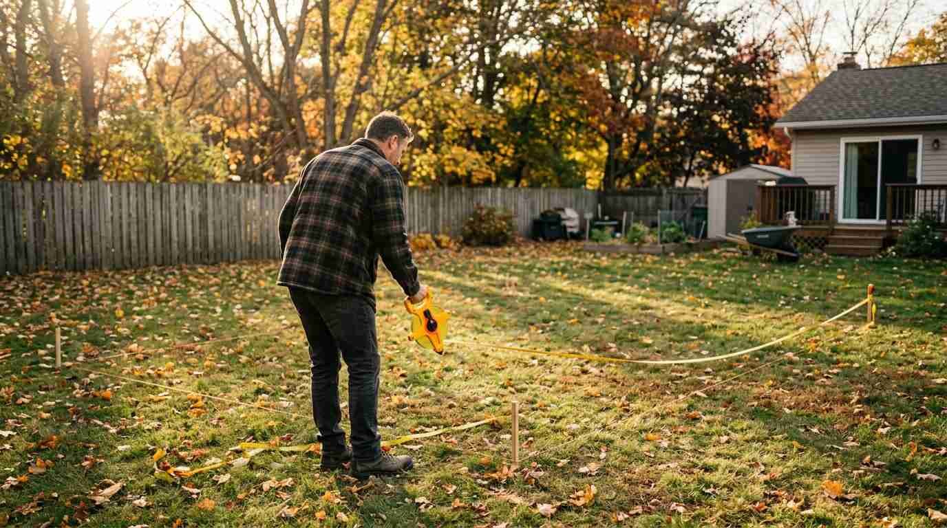 Homeowner measuring a backyard area with a tape
