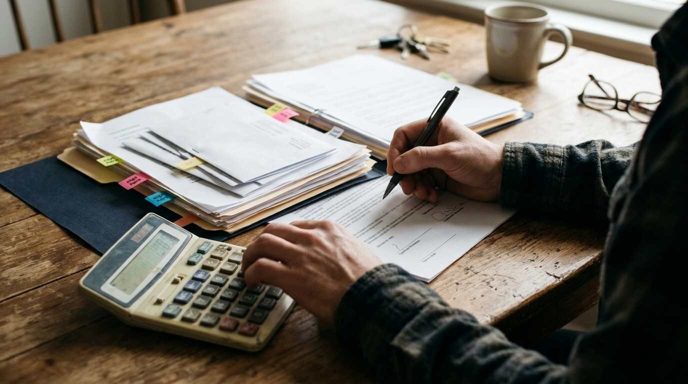 Homeowner reviewing closing papers at a kitchen table