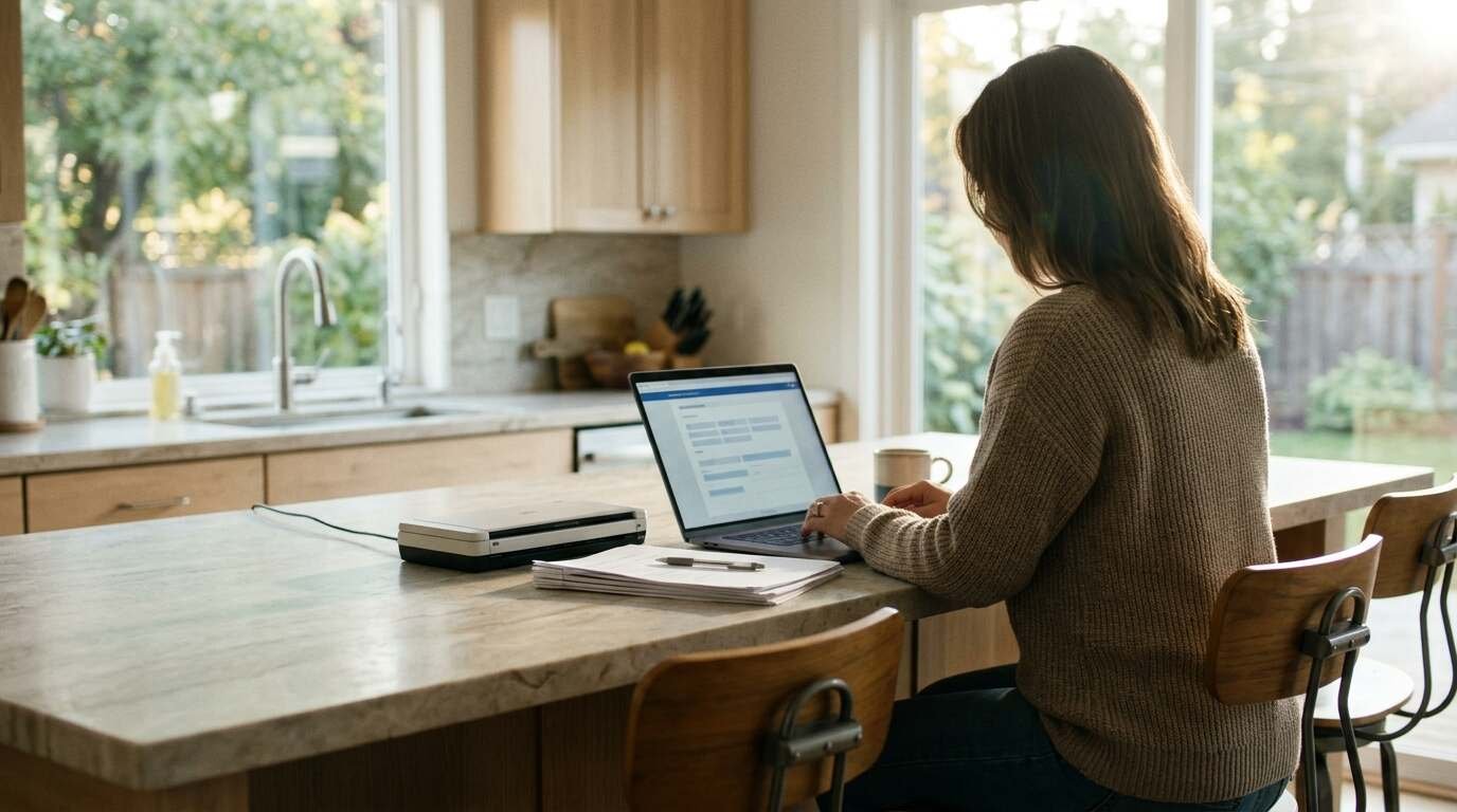 Homeowner at a kitchen counter with a laptop and document scanner