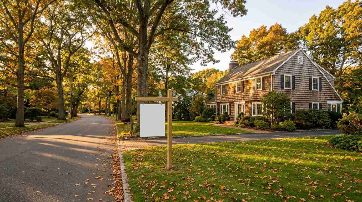 Shingled North Shore colonial on a tree-lined street in autumn