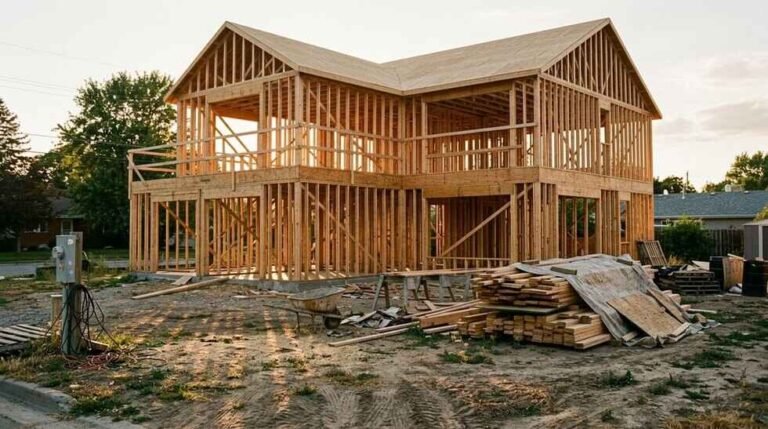 The wood-framed shell of a new single-family house on a suburban lot in late-afternoon light