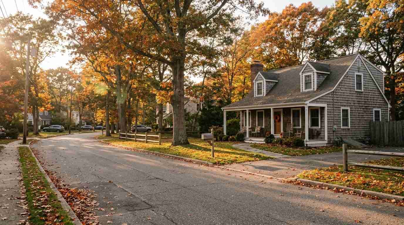 Tree-lined North Shore street with a shingled Cape Cod home