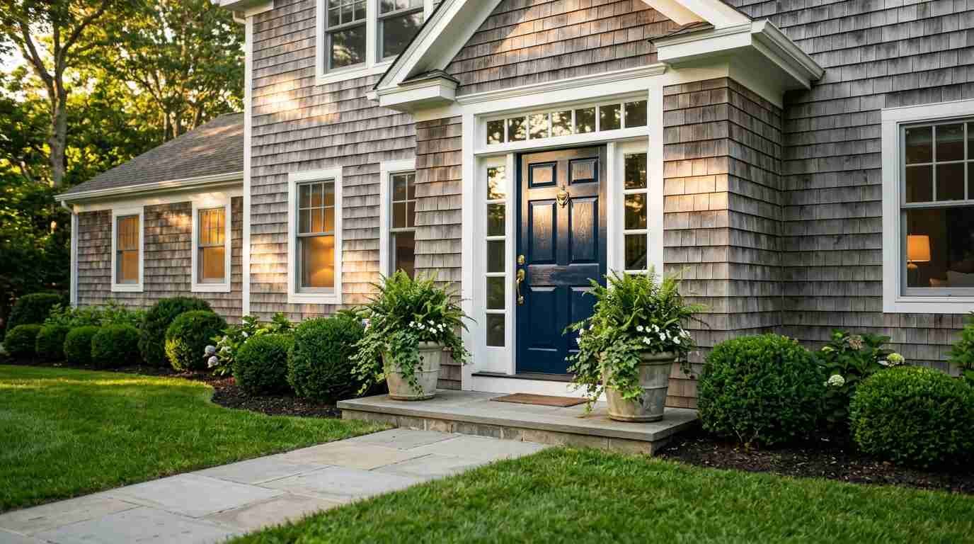 Shingled North Shore Long Island home at golden hour with a fresh front door