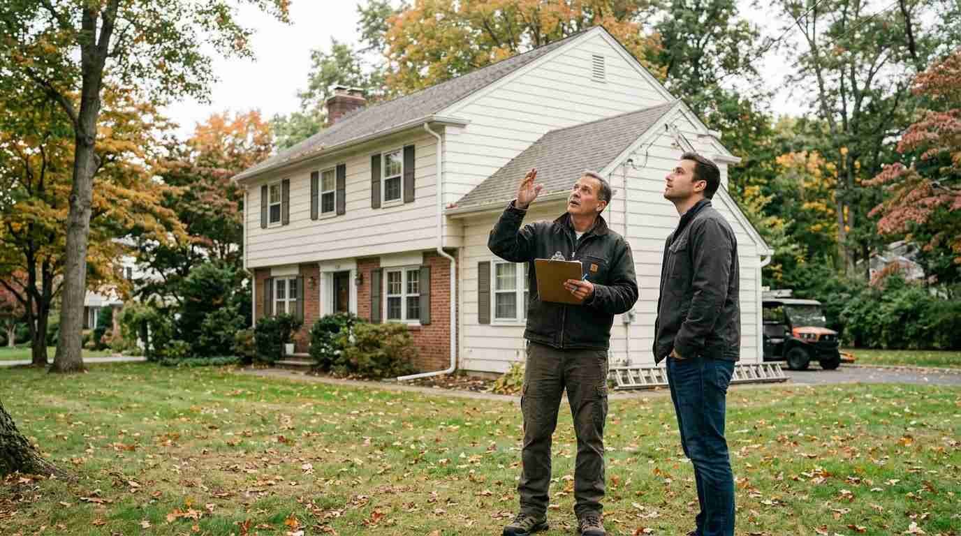 Inspector checking the roofline of a North Shore Long Island colonial with a buyer
