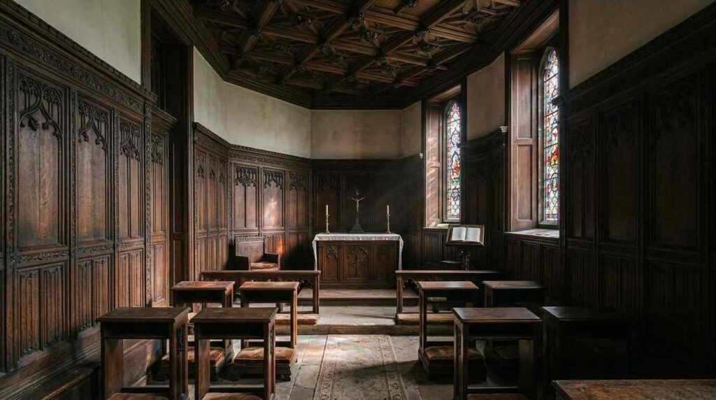 Interior of a carved oak chapel