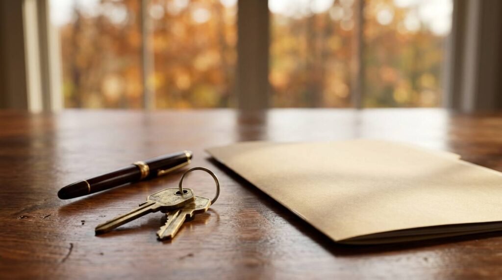 Brass house keys and a fountain pen on a closing table