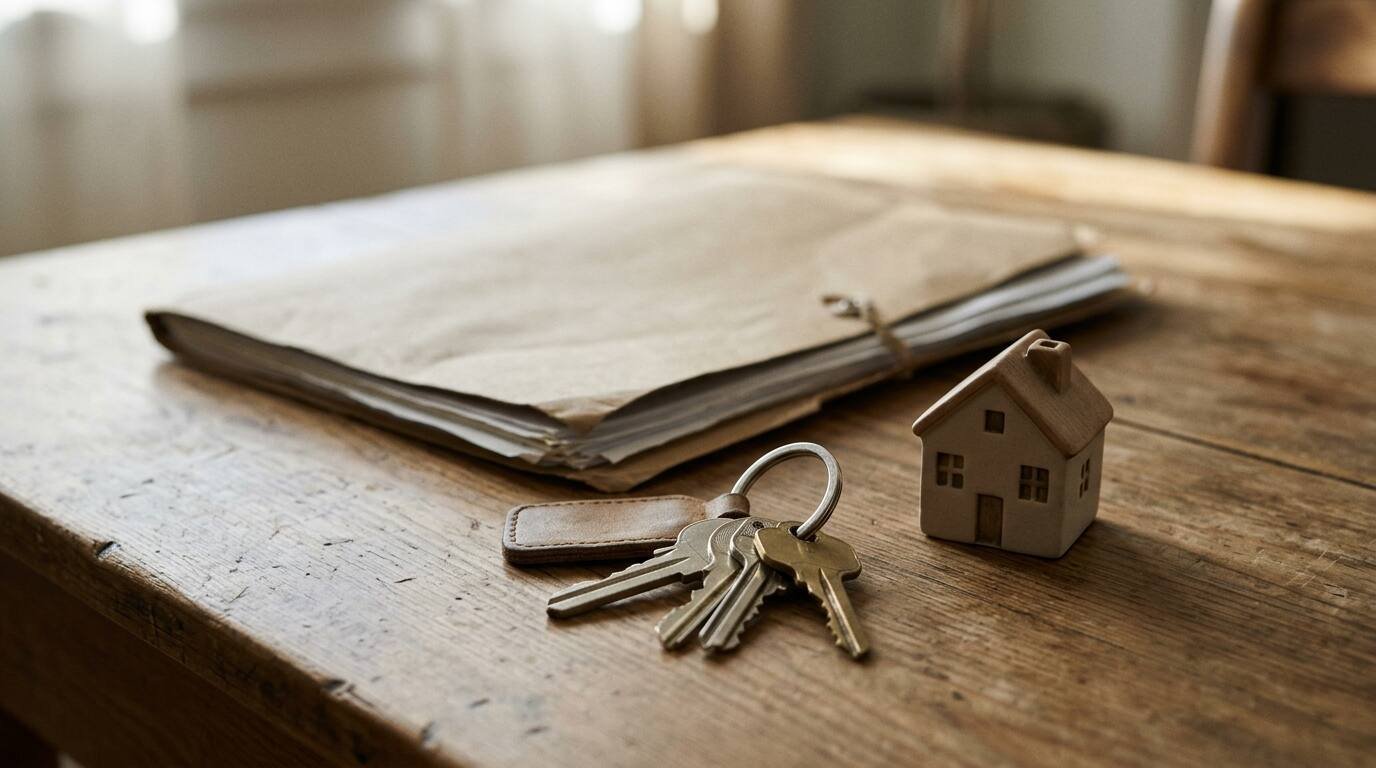 House keys on a wooden table beside a small model house and a closed folder of papers