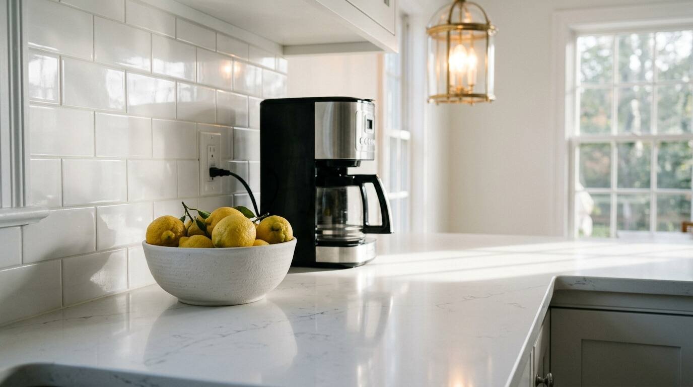 Decluttered kitchen counter with a coffee maker and bowl of lemons